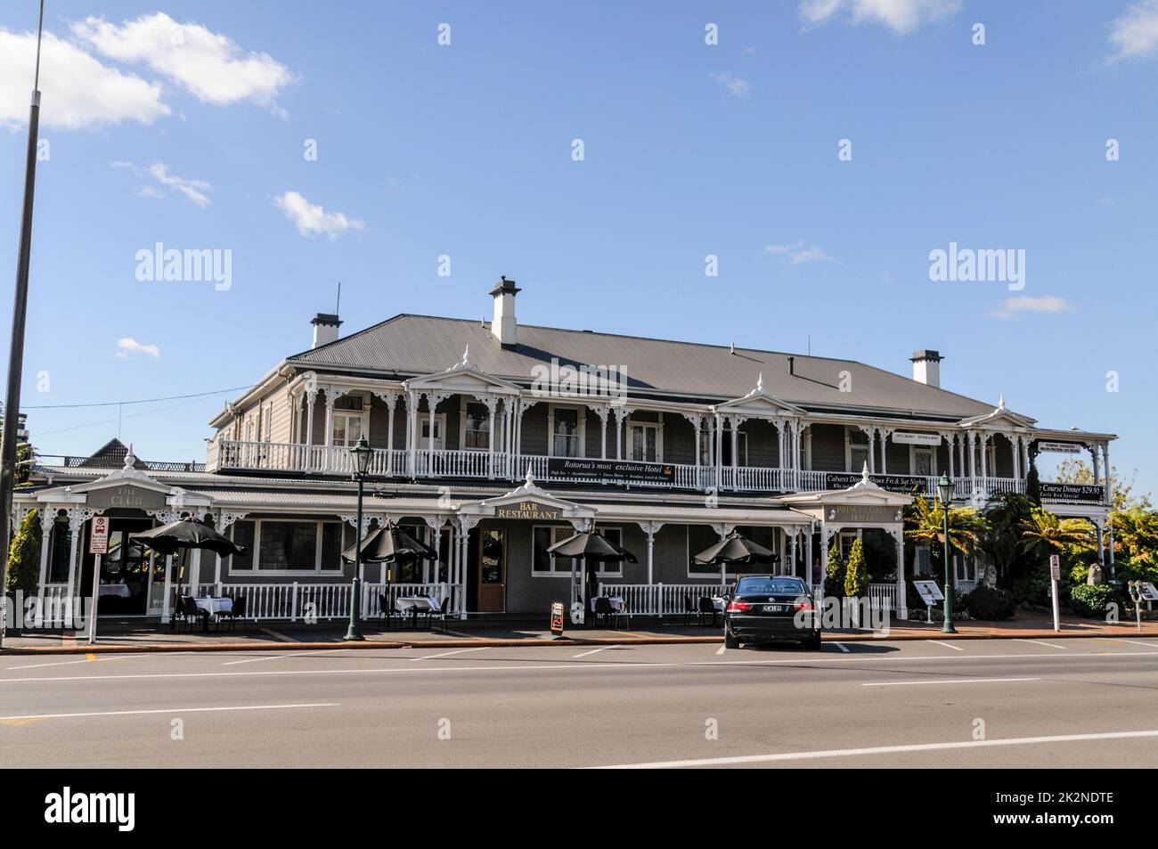 The 1897 Victorian built Princes Gate Hotel was New Zealand's first private hotel in Rotorua, a town on the shore of lake Rotorua on New Zealand's Nor Stock Photo