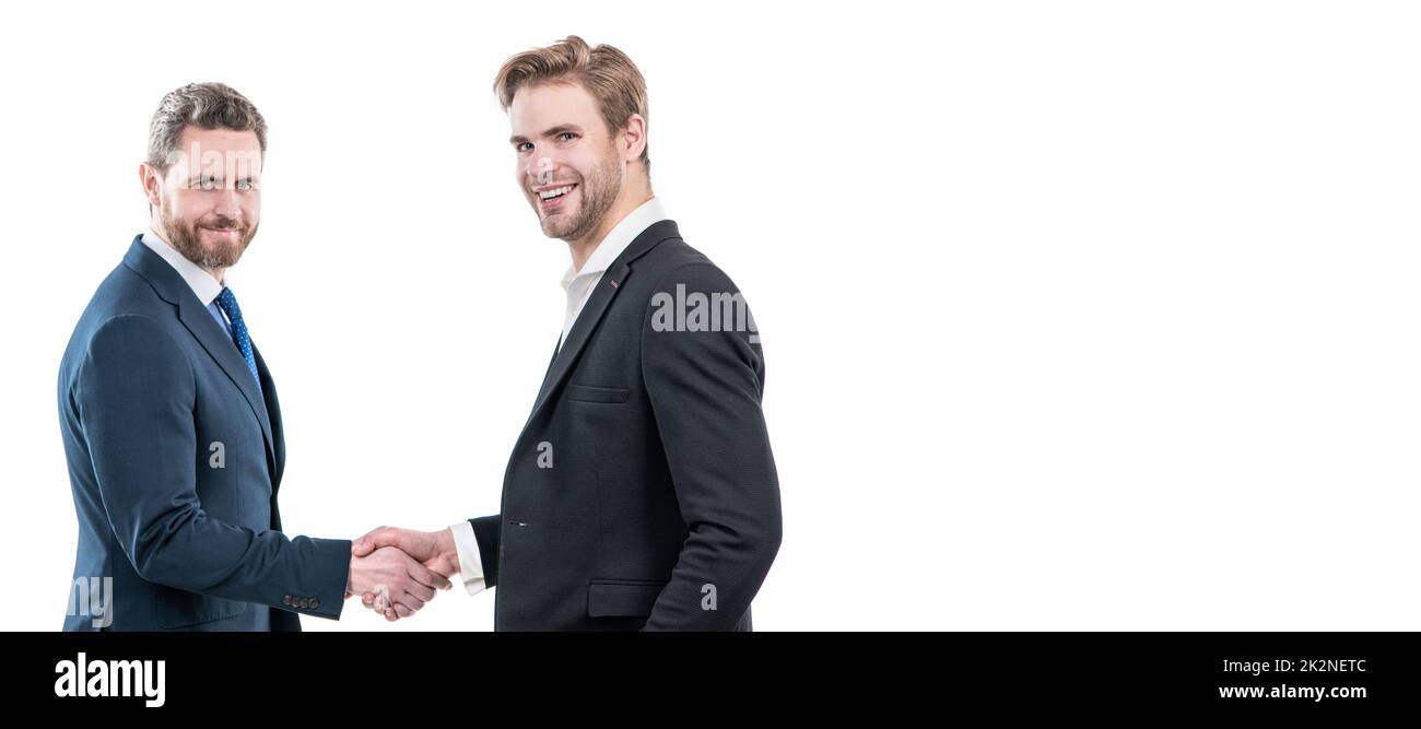 Man face portrait, banner with copy space. two businessmen colleagues shaking hands after successful business deal, partnership. Stock Photo