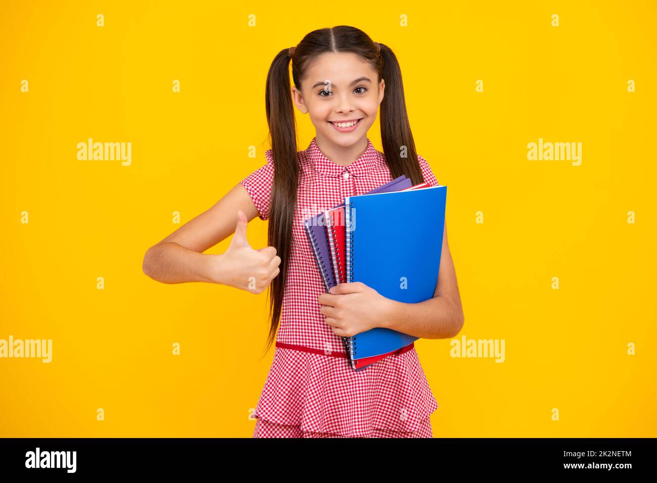 Schoolgirl with copy book posing on isolated background. Literature lesson, grammar school. Intellectual child reader. Happy teenager, positive and Stock Photo