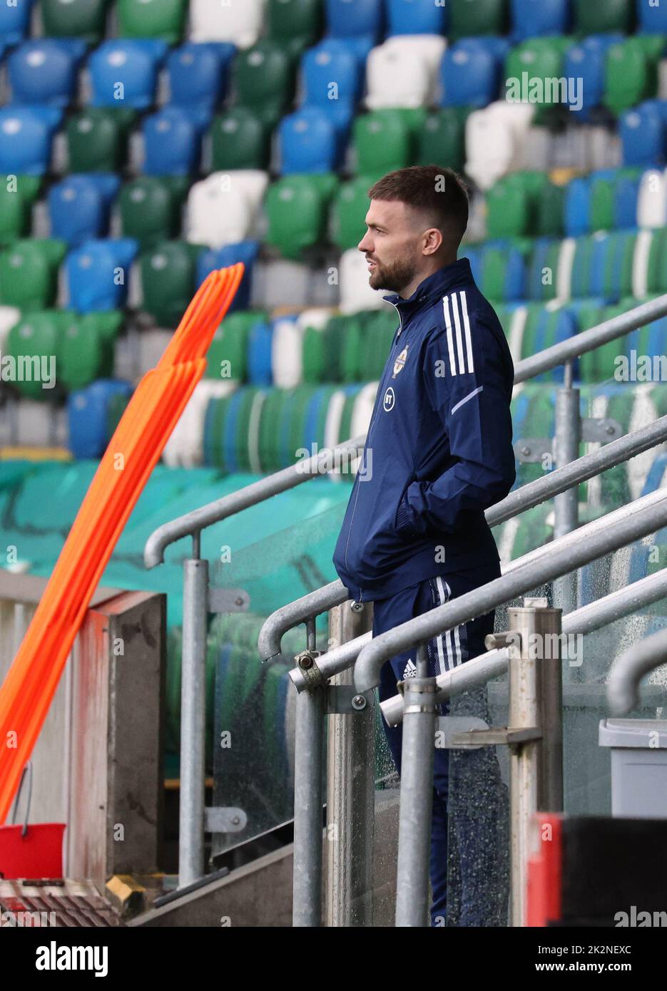 National Football Stadium at Windsor Park, Belfast, Northern Ireland, UK. 23 Sep 2022. The Northern Ireland squad train ahead of tomorrow evening's game against Kosovo. Stuart Dallas, recovering from a broken leg, watches the session. Credit: David Hunter/Alamy Live News. Stock Photo