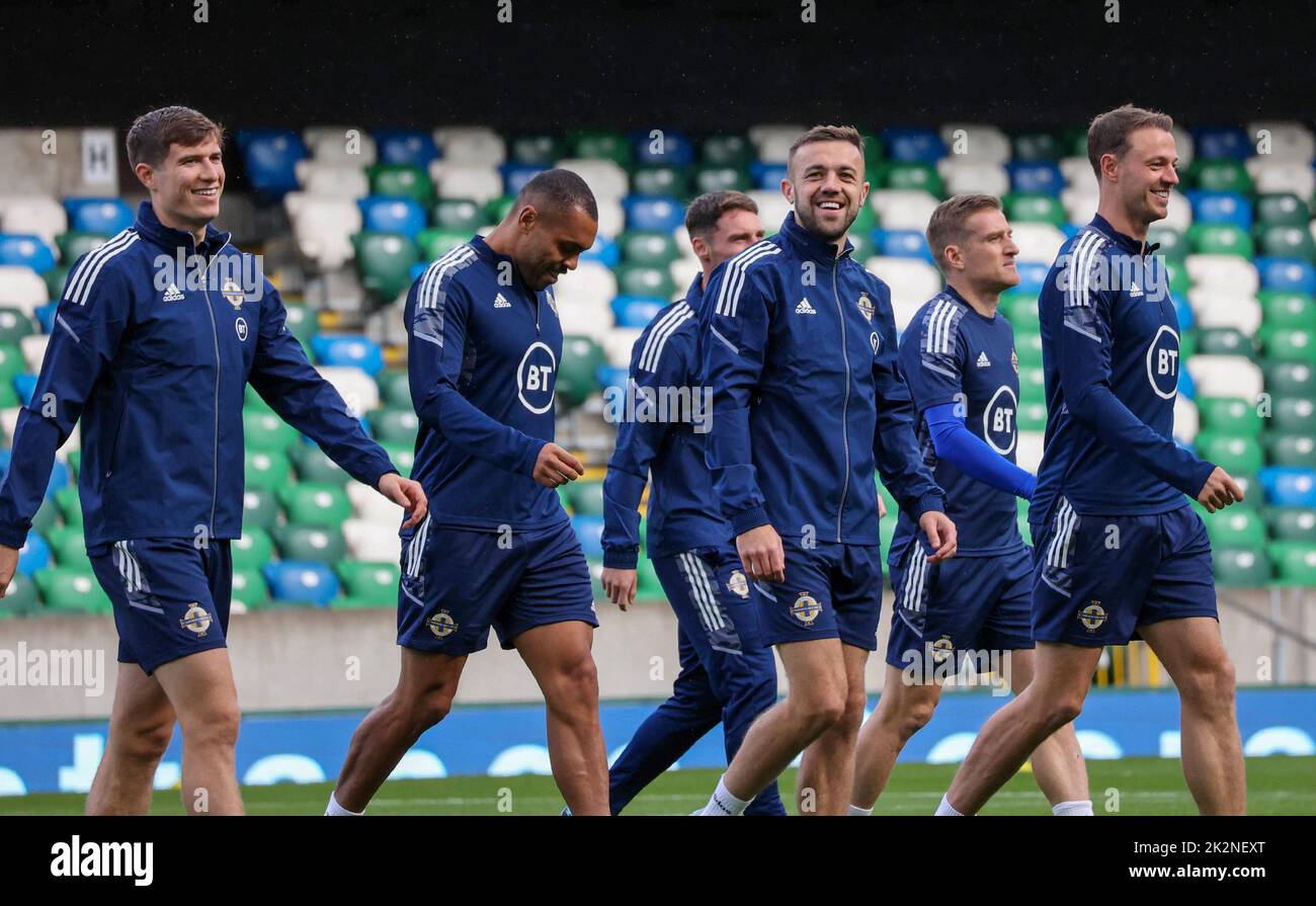 National Football Stadium at Windsor Park, Belfast, Northern Ireland, UK. 23 Sep 2022. The Northern Ireland squad train ahead of tomorrow evening's game against Kosovo. All smiles , Conor McMenamin in centre. Credit: David Hunter/Alamy Live News. Stock Photo