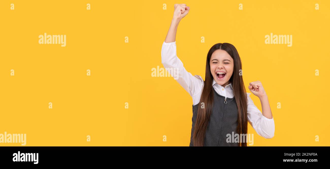 Got success. Successful girl celebrate success. School education. Child face, horizontal poster, teenager girl isolated portrait, banner with copy Stock Photo