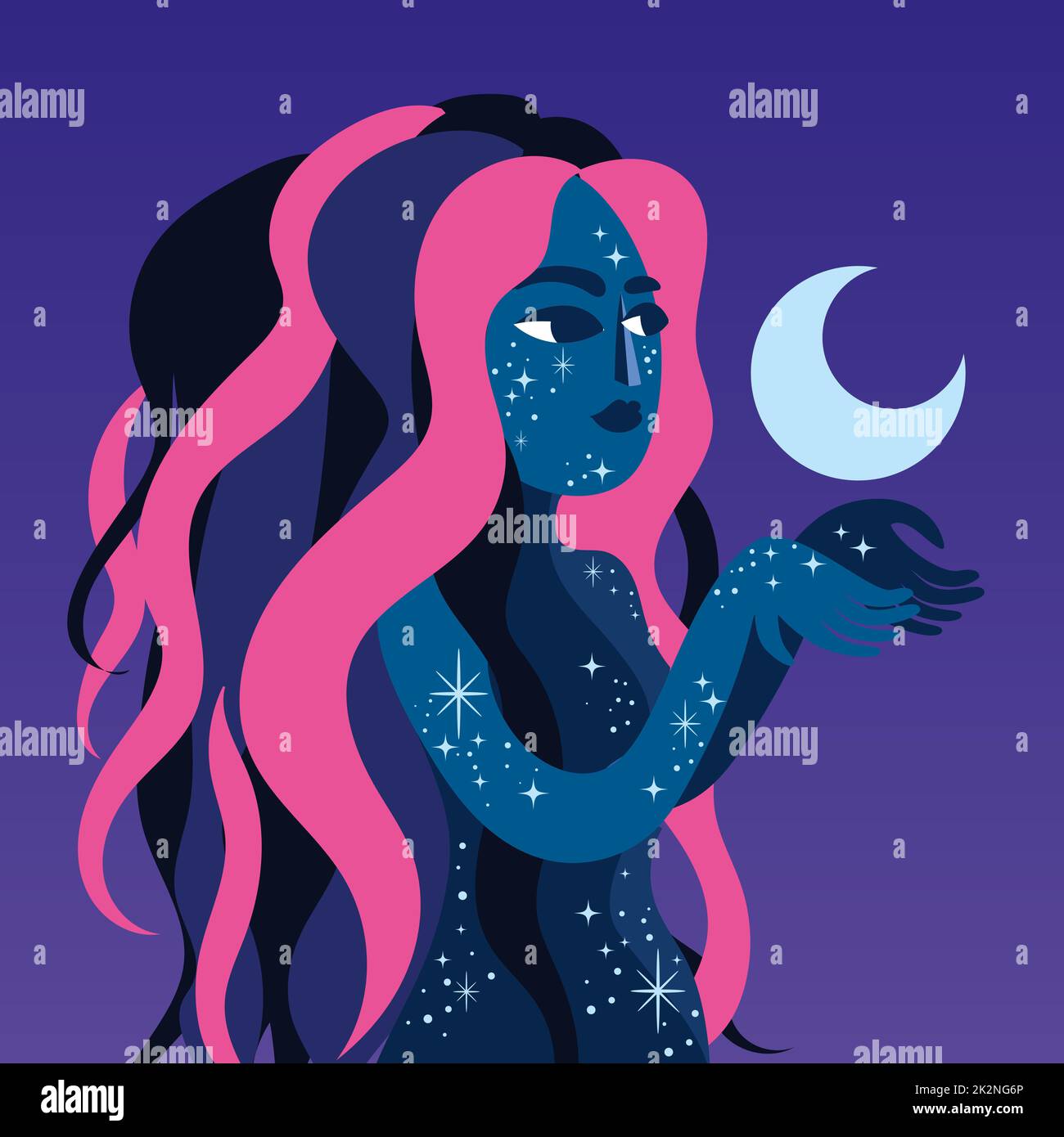 Illustration of a woman holding a moon in her hand - modern design - feminity and nature theme Stock Photo