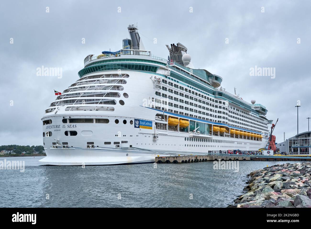 Adventure of the Seas is a Voyager-class cruise ship operated by Royal Caribbean International.  Here the 3807 passenger ship is moored in the harbour Stock Photo