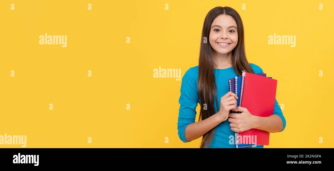 she is ready. teen girl ready for studying. childhood happiness. happy kid going to do homework. Banner of schoolgirl student. School child pupil Stock Photo