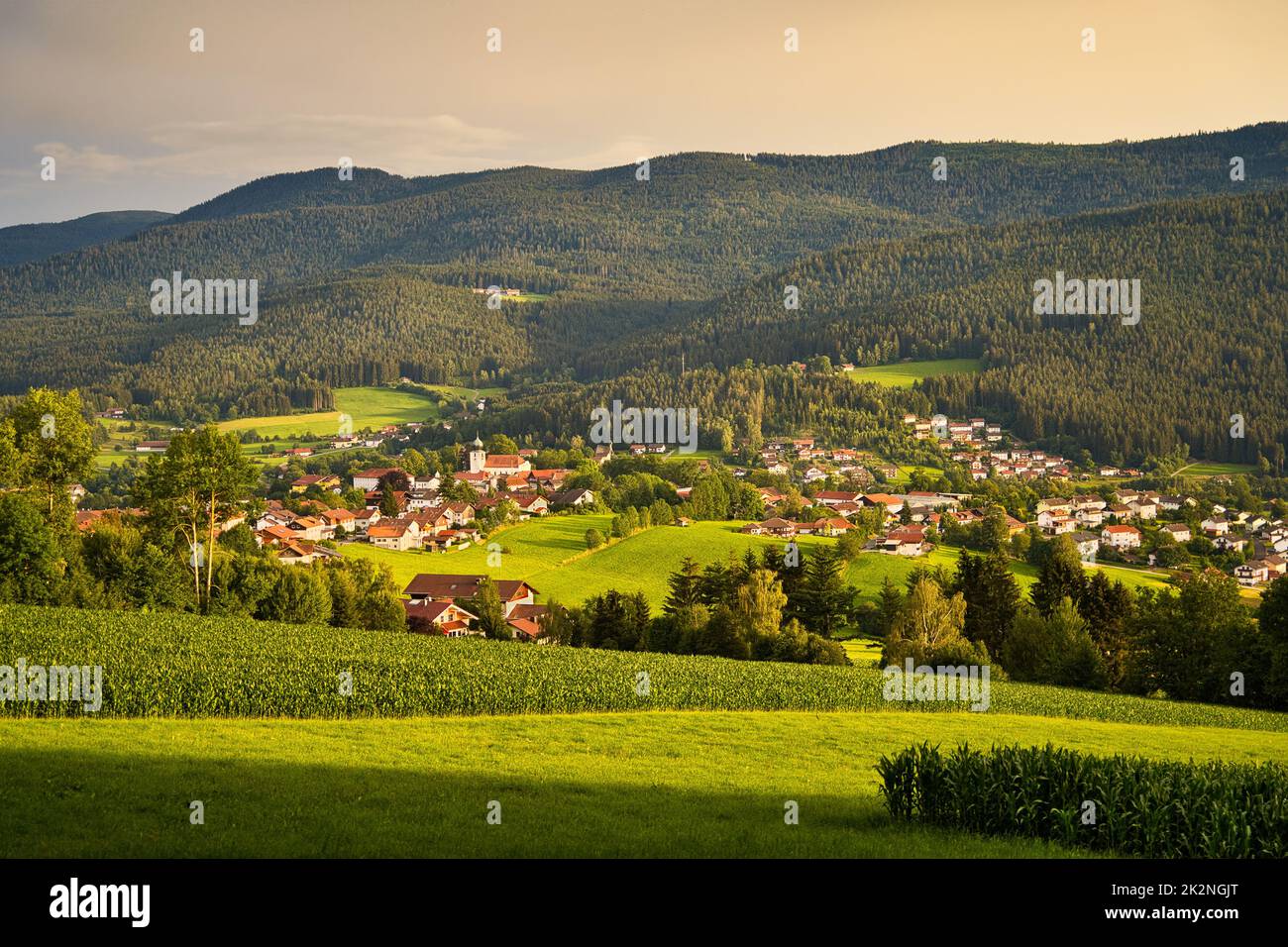 Lam, a small town in the Bavarian Forest in the Upper Palatinate with dramatic light after a thunderstorm. Stock Photo