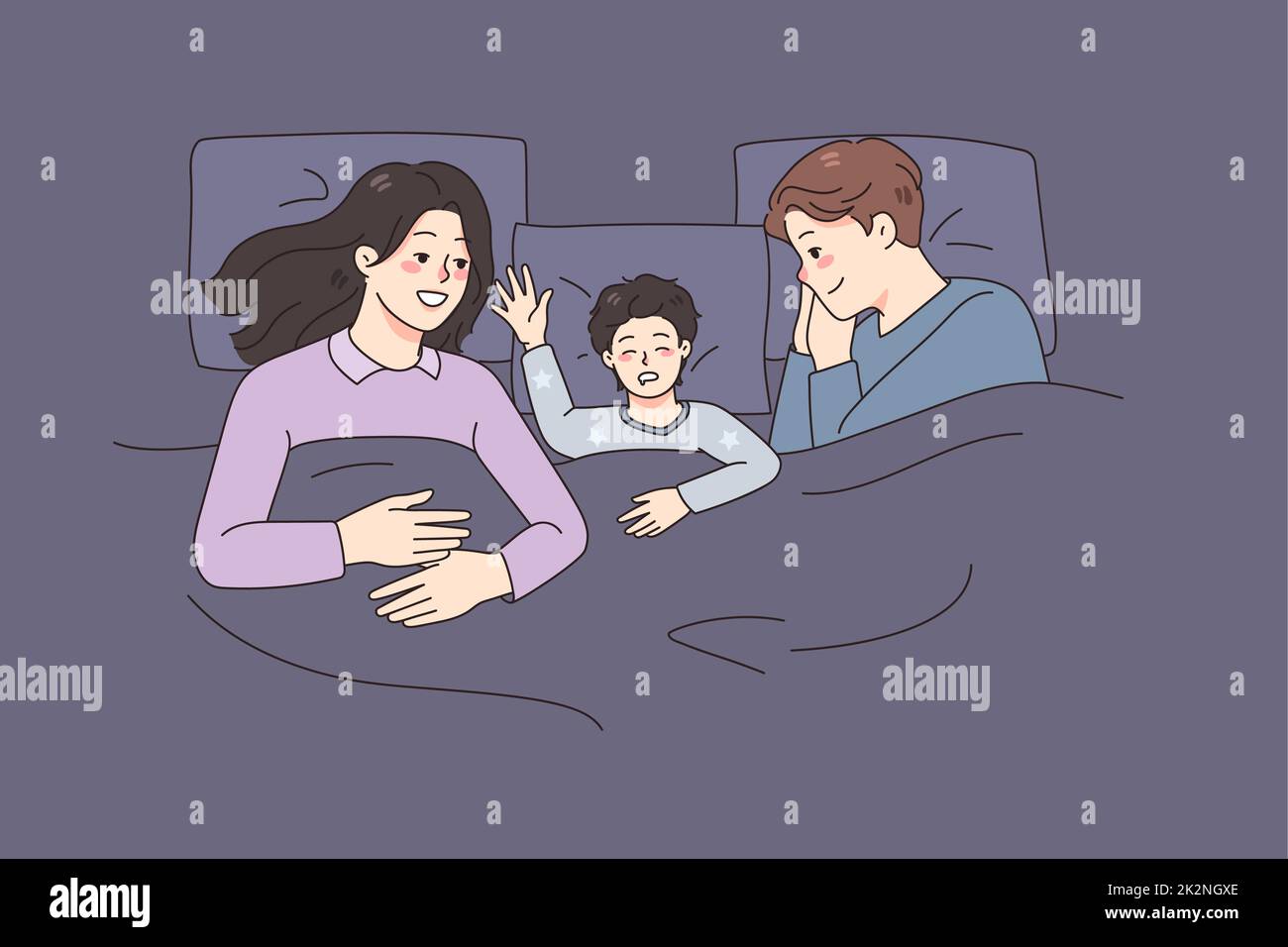 Happy family with kid sleeping in bed Stock Photo