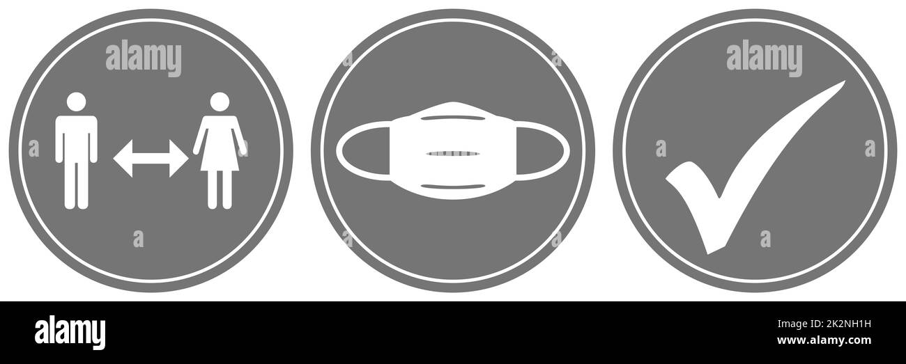 Symbols on round Buttons with white frame: Distance, Face Mask and Checkmark Stock Photo