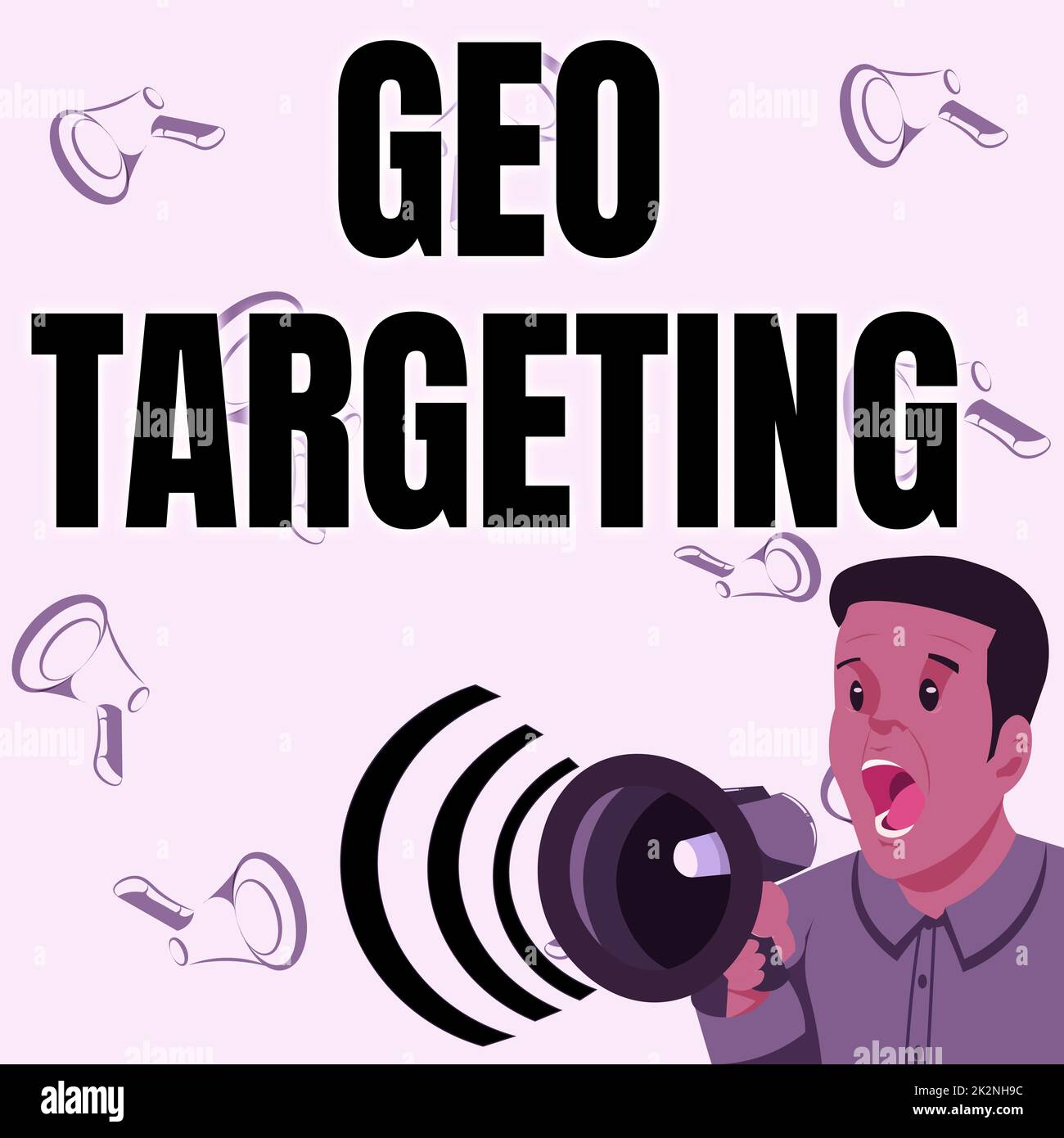 Inspiration showing sign Geo Targeting. Word for Digital Ads Views IP Address Adwords Campaigns Location Businessman Talking Through Megaphone Making Wonderful New Announcement Stock Photo