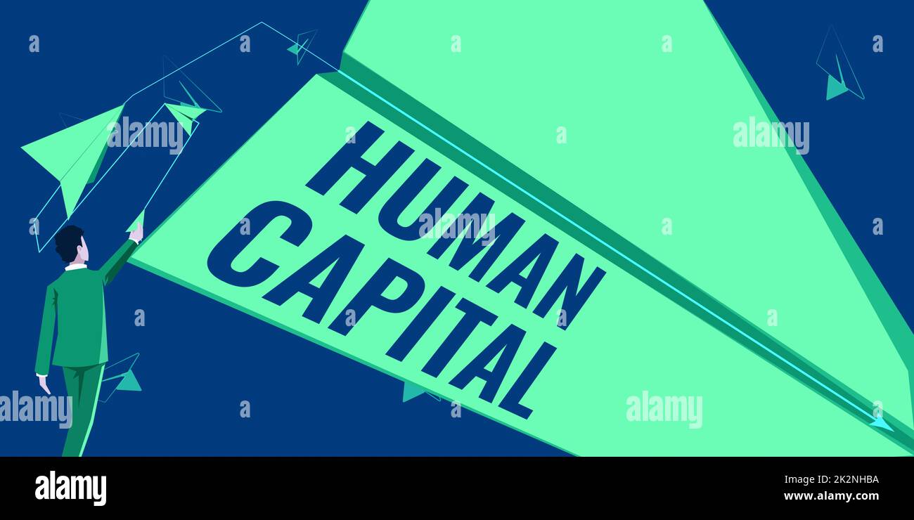 Sign displaying Human Capital. Internet Concept Intangible Collective Resources Competence Capital Education Man flies paper plane representing innovative plans achieving goals. Stock Photo