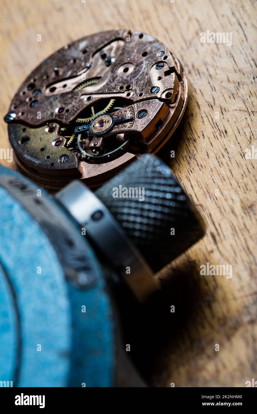 closeup of pocket watch mechanism and clockworks Stock Photo