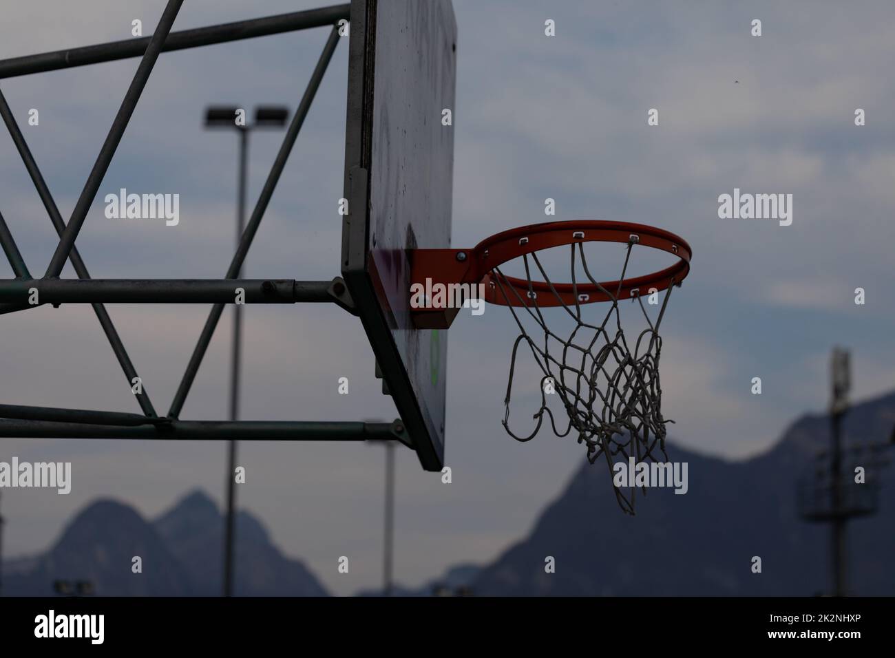 Goal post, hoop and net on a basketball court Stock Photo