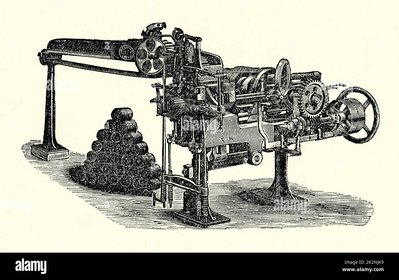 An old Victorian engraving of Glover’s patent firewood bundling machine, made by Glover and Co, Dewsbury Road, Leeds, West Yorkshire, England, UK. It is from a book of 1890. The belt-operated machine compresses bundles of firewood by formers. The bundles are tied by wire and pushed out of the rear of the machine. Bundles of firewood lie on the floor. Stock Photo