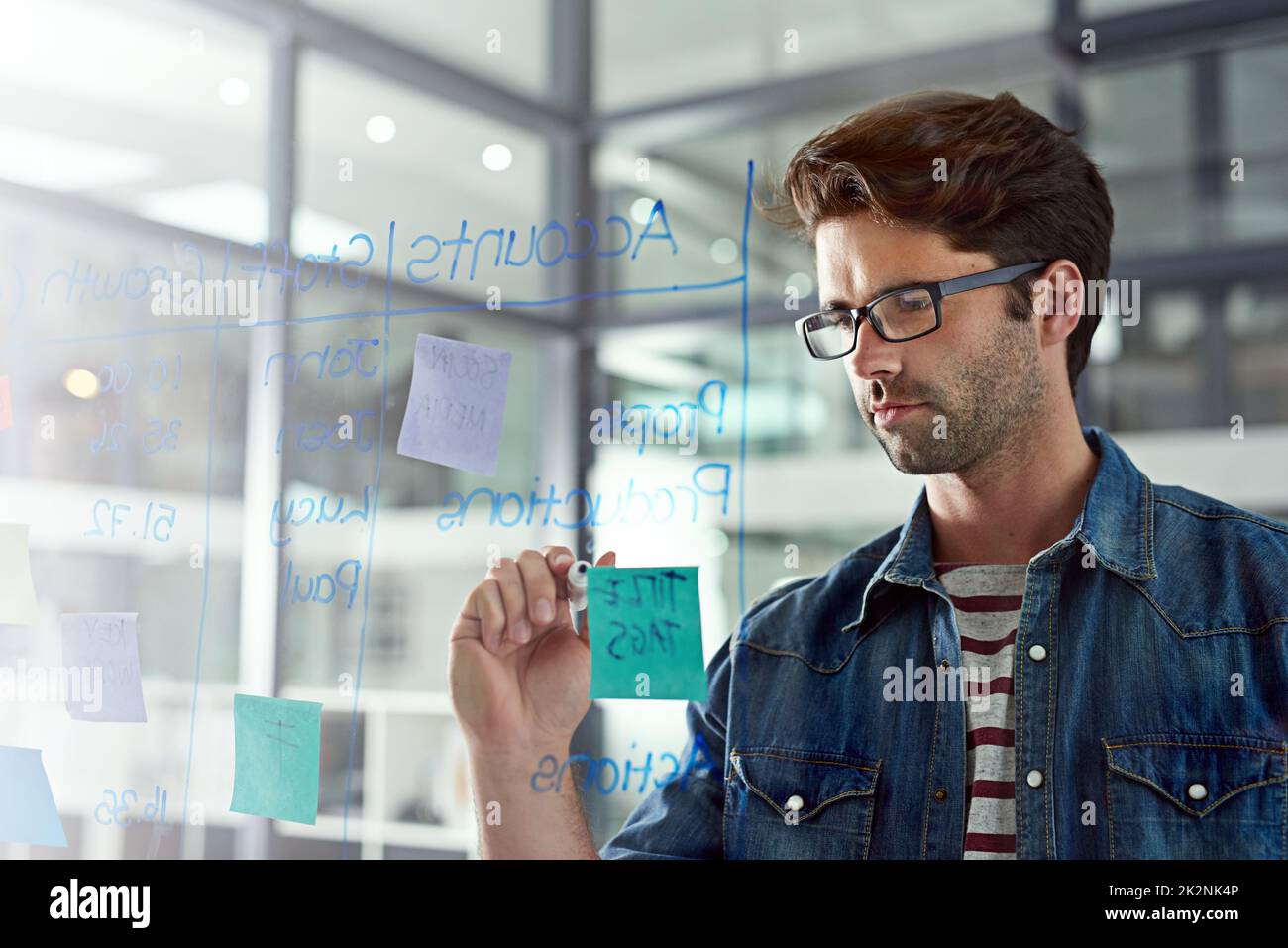 Goals that are properly planned are halfway reached. Cropped shot of a young designer writing notes on a glass wall in a modern office. Stock Photo