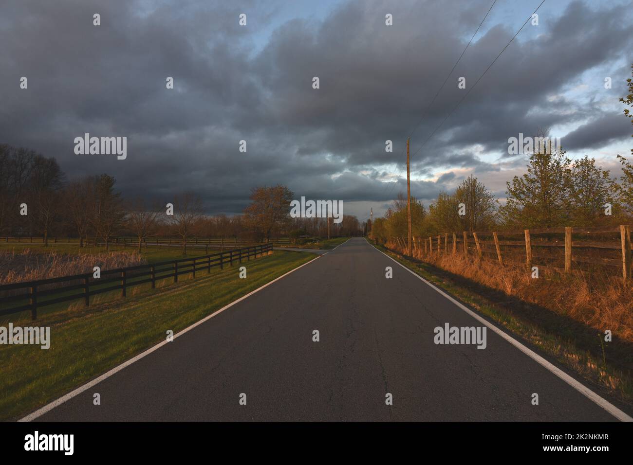 An aerial view of road surrounded by farming fields and trees Stock ...