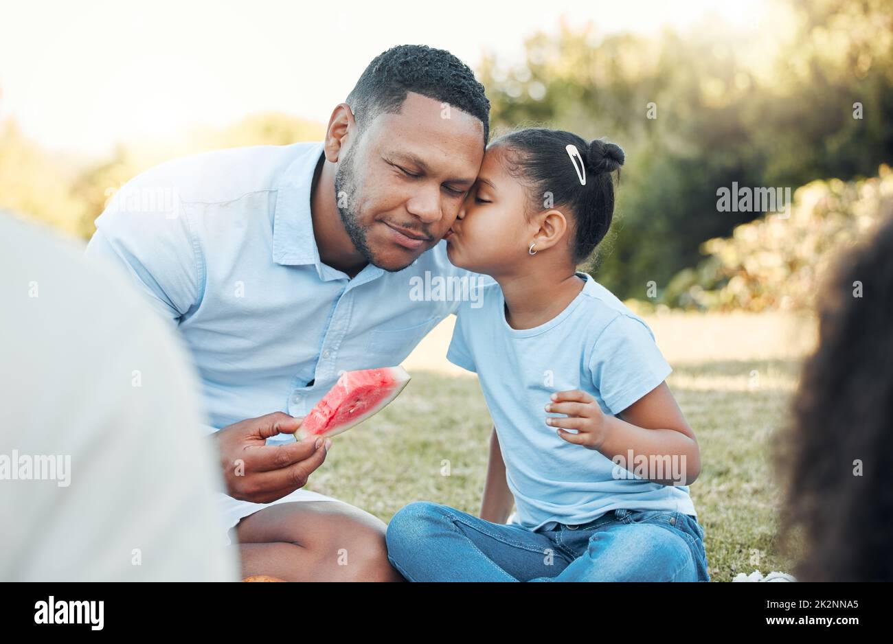 Call it a tribe, call it a family. Shot of a daughter kissing her dad at a picnic. Stock Photo