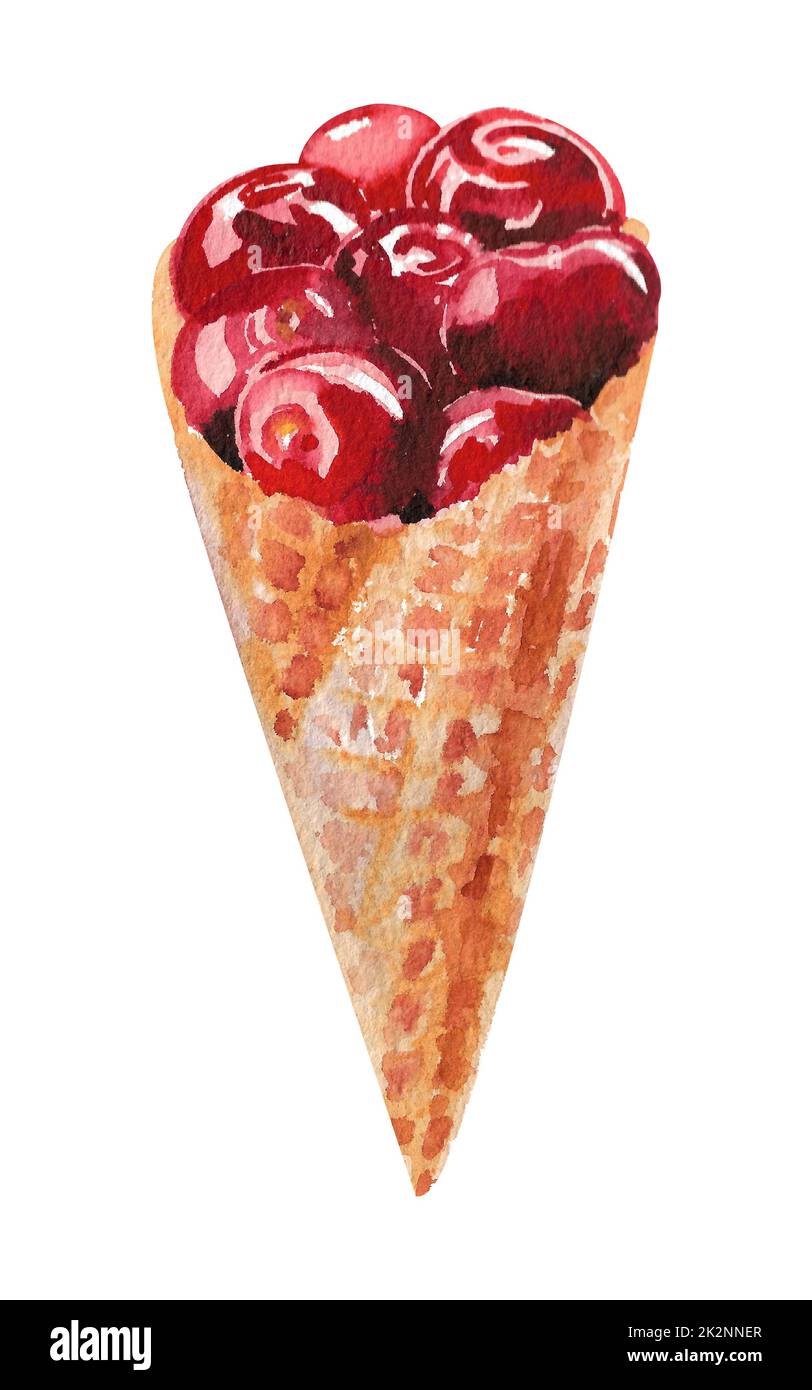 Ice cream watercolor waffle cone. Cherry waffle Stock Photo - Alamy