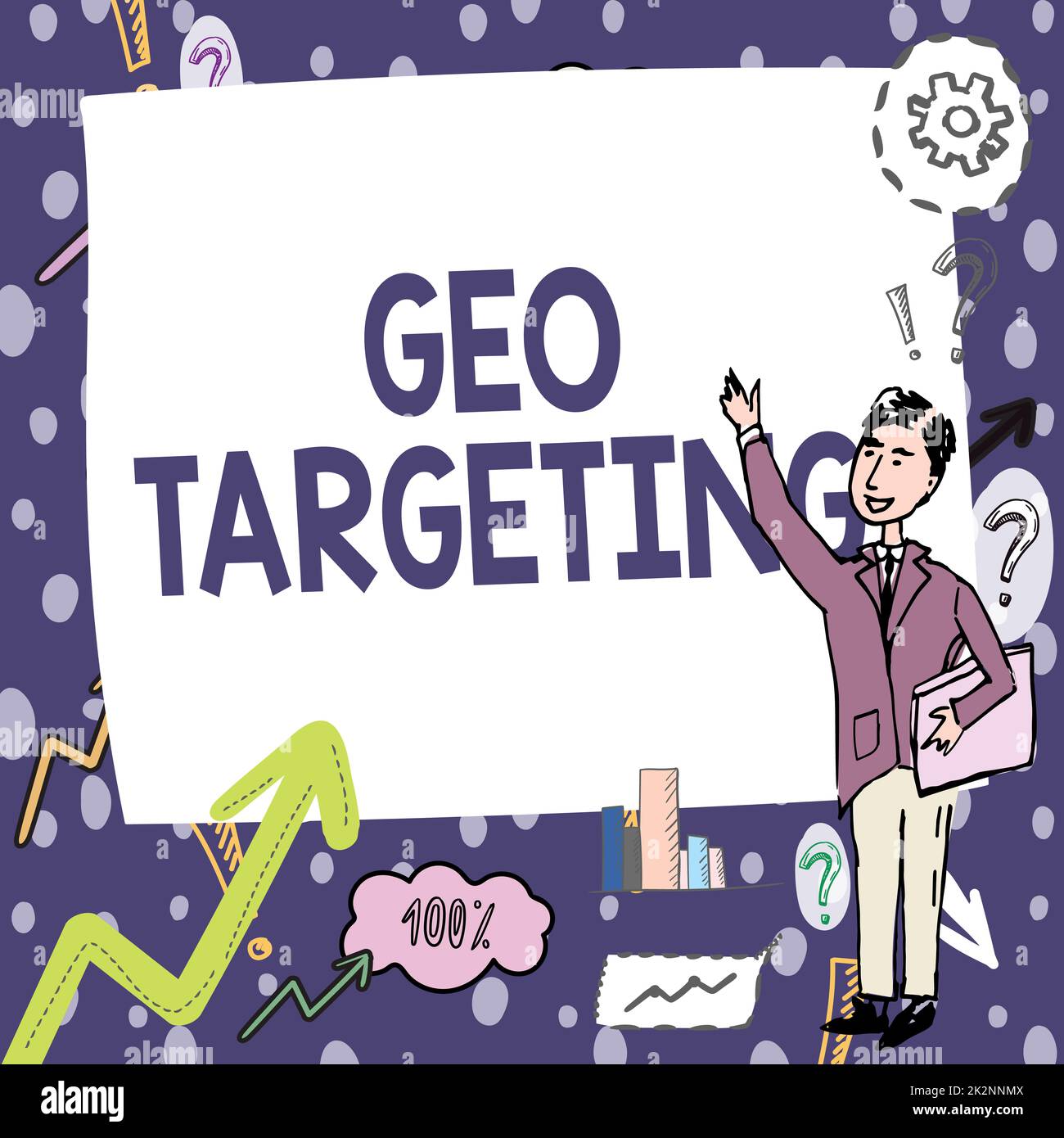 Text caption presenting Geo Targeting. Word Written on Digital Ads Views IP Address Adwords Campaigns Location Gentleman Drawing Standing Pointing Finger In Blank Whiteboard. Stock Photo