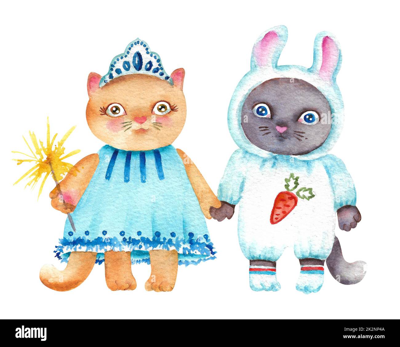 Watercolor cats. Cartoon cats in beautiful fairy and bunny costumes on ...