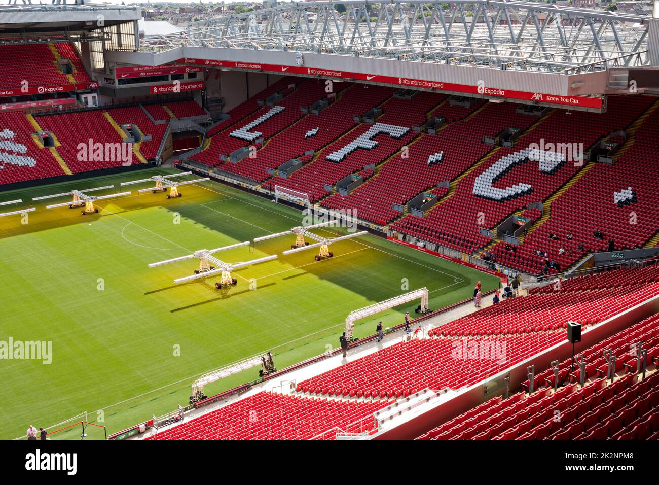 Grow lights on the pitch at Anfield home of Liverpool Football Club used to keep the playing surface in pristine condition Stock Photo