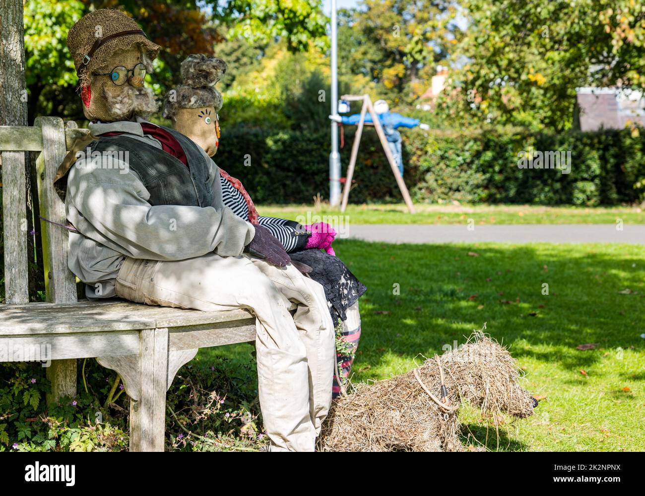 Dirleton, East Lothian, Scotland, UK, 23rd September 2022. Scarecrow Trail: the second trail this year has 18 scarecrows around the village. Pictured: fabulous scarecrows on the village green. Credit: Sally Anderson/Alamy Live News Stock Photo