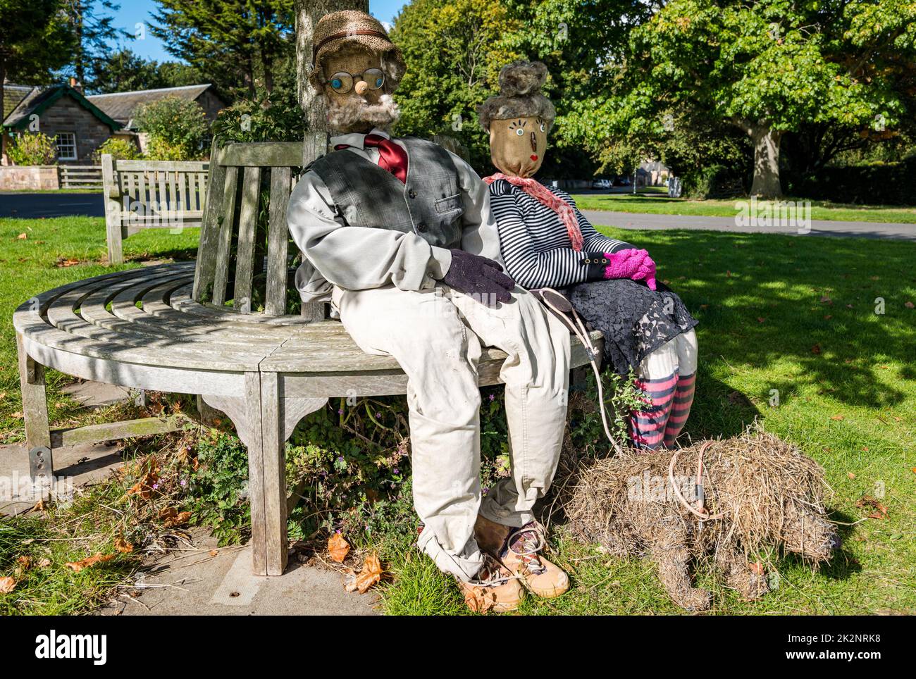 Dirleton, East Lothian, Scotland, UK, 23rd September 2022. Scarecrow Trail: the second trail this year has 18 scarecrows around the village at harvest time. Pictured: a fabulous scarecrow on the village green. Credit: Sally Anderson/Alamy Live News Stock Photo