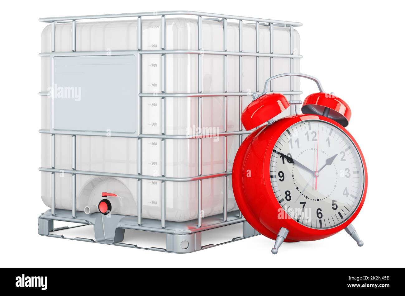 Intermediate bulk container with alarm clock, 3D rendering isolated on