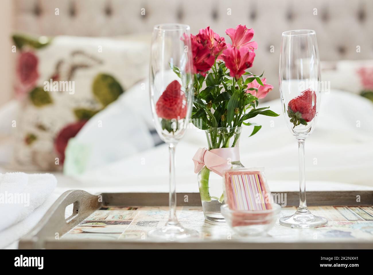 Something to start off the romance. Shot of a honeymoon suite ready for a newly married couple. Stock Photo
