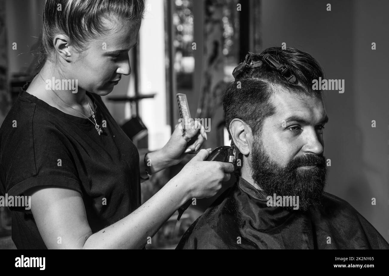 male trendy hairdo. perfect haircut with blade razor. barber master cut ...