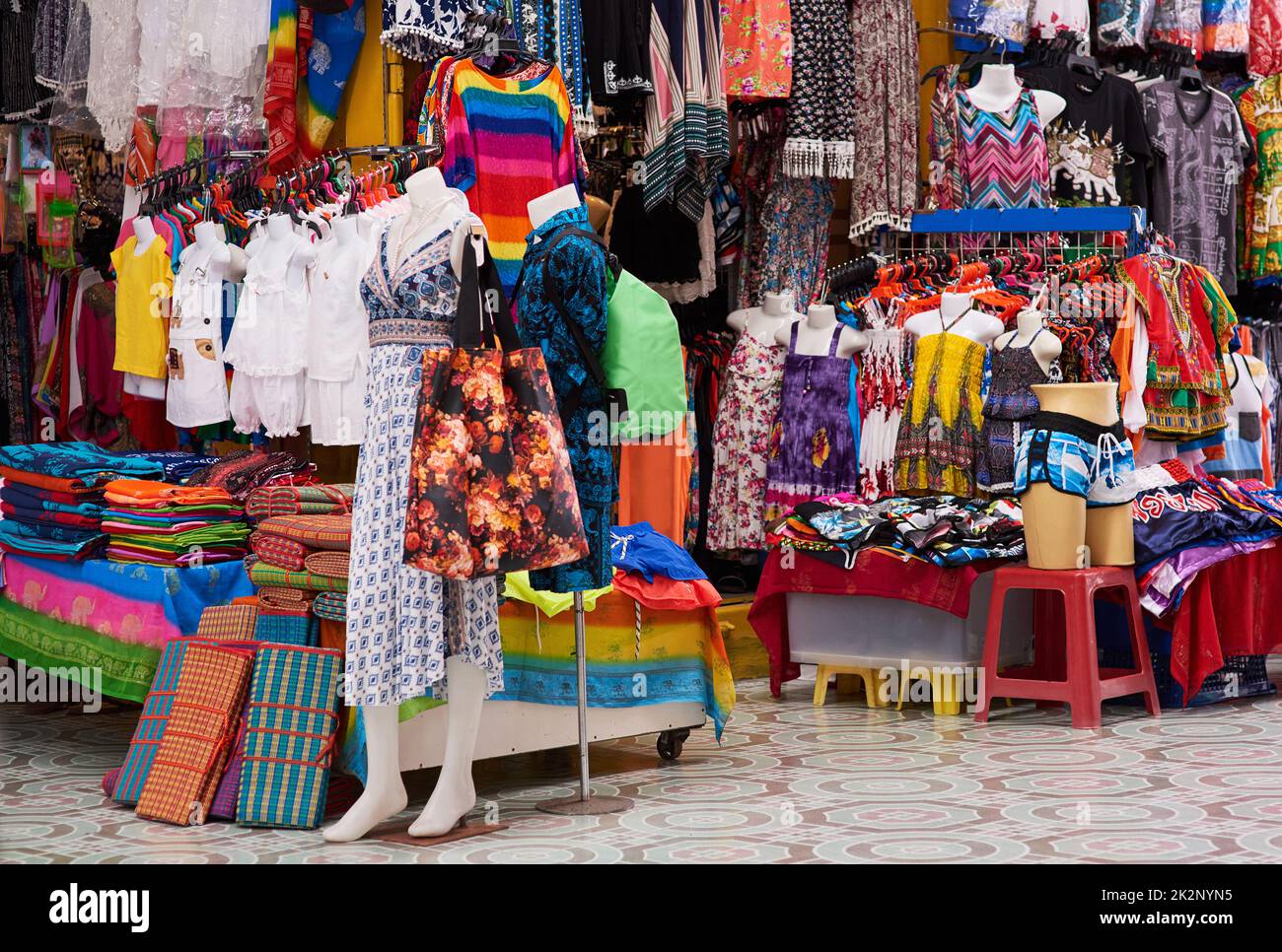 Pick and choose. Shot of a market stall selling clothes. Stock Photo