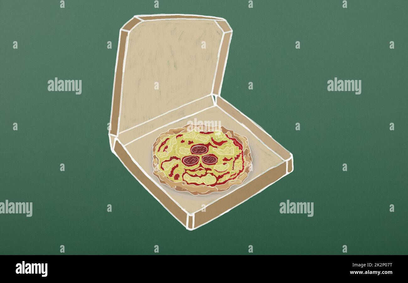 Chalk drawn whole pepperoni pizza in takeout box on green blackboard Stock Photo