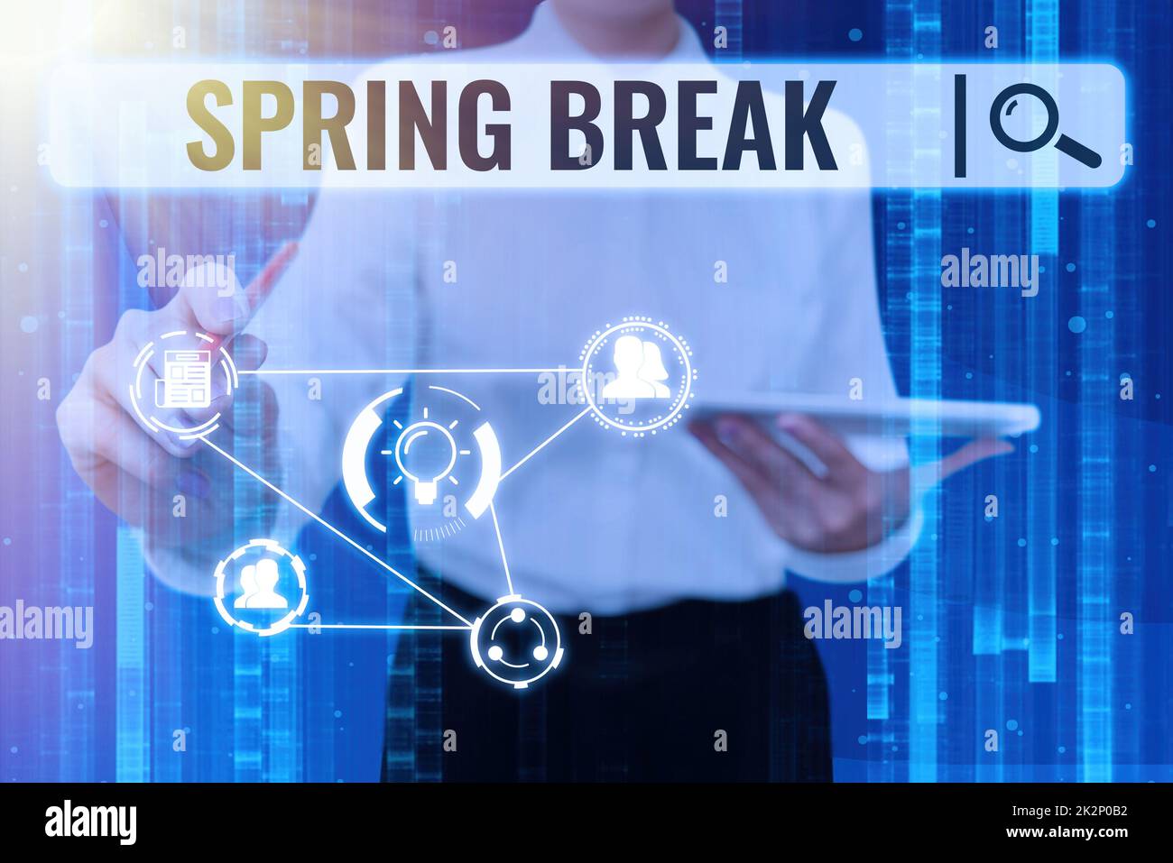 Sign displaying Spring Break. Concept meaning Vacation period at school and universities during spring Lady in suit poins pen holds tablet achieving global innovative thinking. Stock Photo