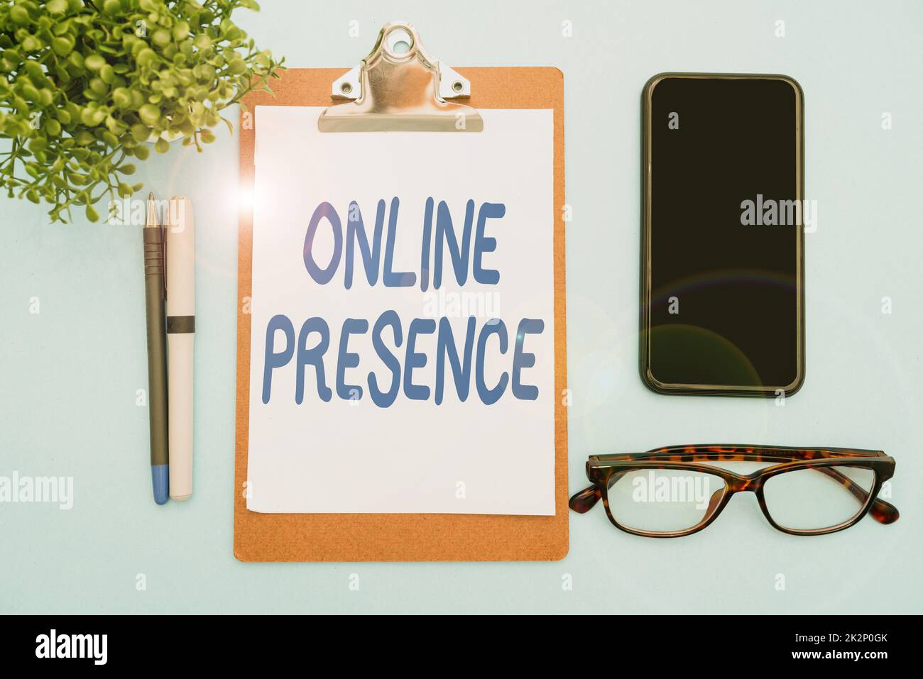 Handwriting text Online Presence. Concept meaning existence of someone that can be found via an online search Flashy School Office Supplies, Teaching Learning Collections, Writing Tools Stock Photo