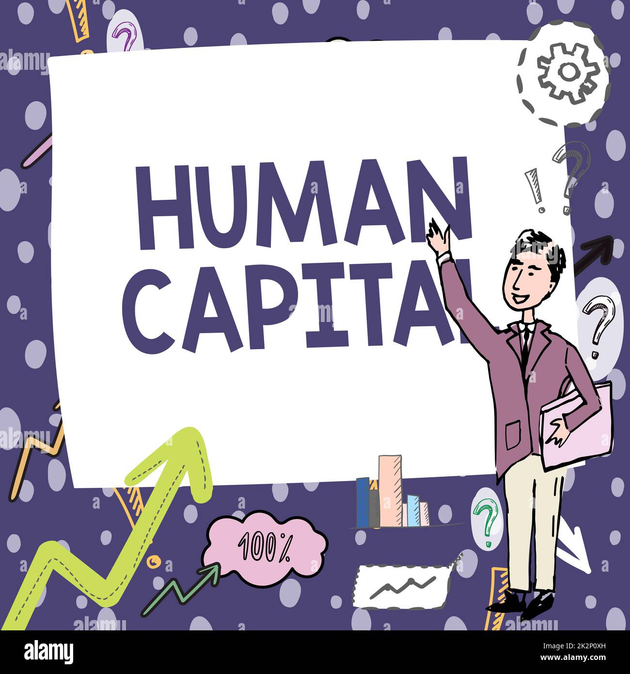 Handwriting text Human Capital. Business concept Intangible Collective Resources Competence Capital Education Gentleman Drawing Standing Pointing Finger In Blank Whiteboard. Stock Photo
