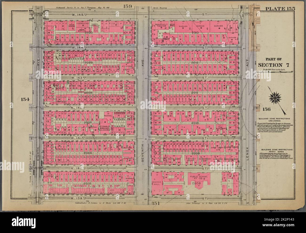 Cartographic, Maps. 1930. Lionel Pincus and Princess Firyal Map Division. Real property , New York (State) , New York, Manhattan (New York, N.Y.) Plate 155, Part of Section 7: Bounded by W. 145th Street, Lenox Avenue, W. 139th Street and Eighth Avenue Stock Photo