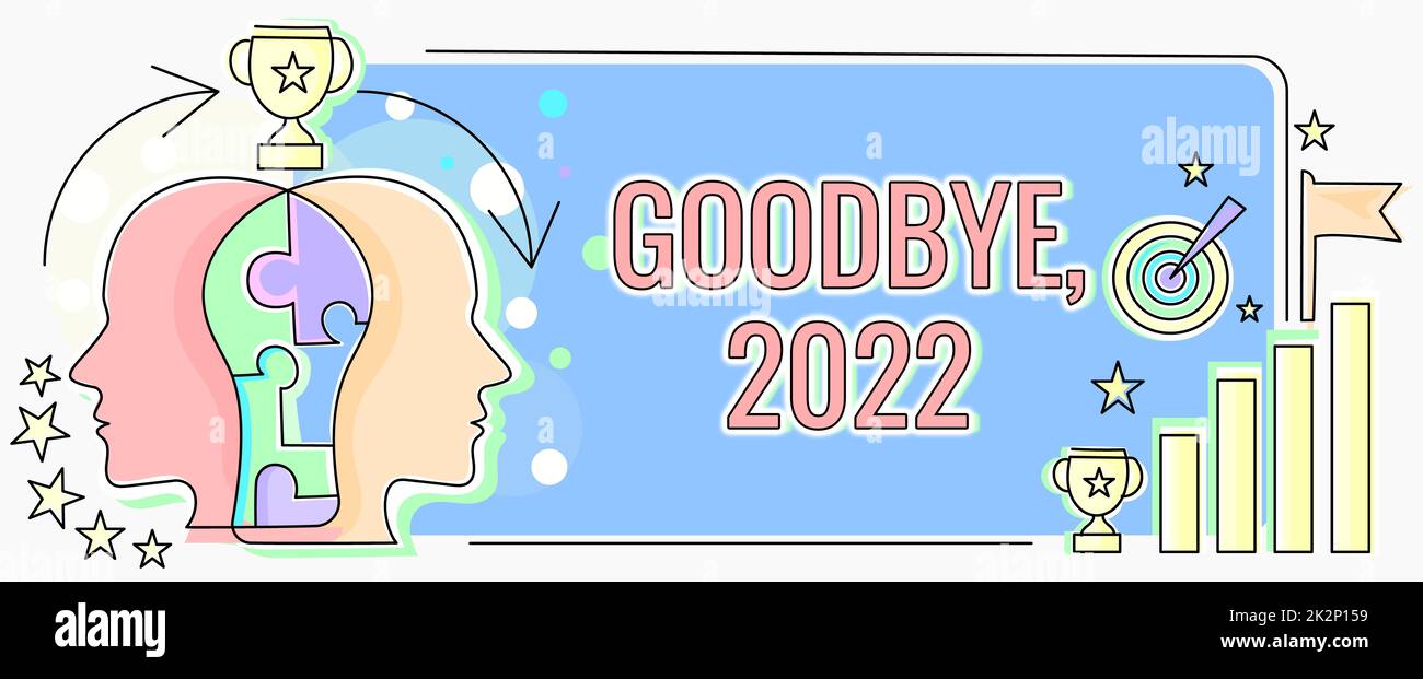 Conceptual caption Goodbye 2022. Business idea New Year Eve Milestone Last Month Celebration Transition Two Heads Connected Puzzle Showing Solving Problems And Sharing Success Stock Photo