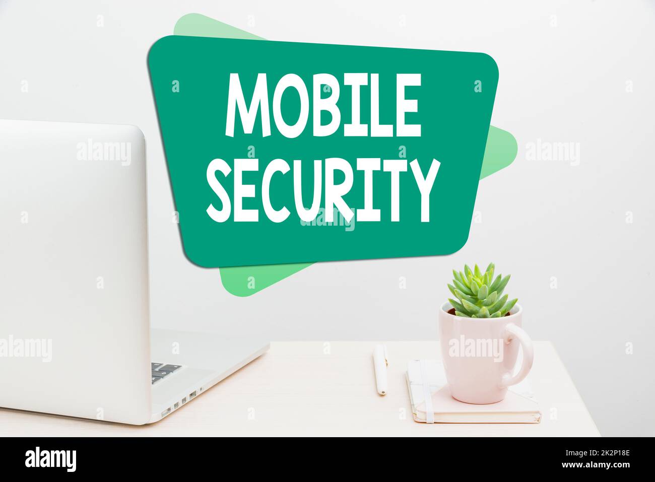 Text caption presenting Mobile Security. Business concept Protection of mobile phone from threats and vulnerabilities Tidy Workspace Setup, Writing Desk Tools Equipment, Smart Office Stock Photo