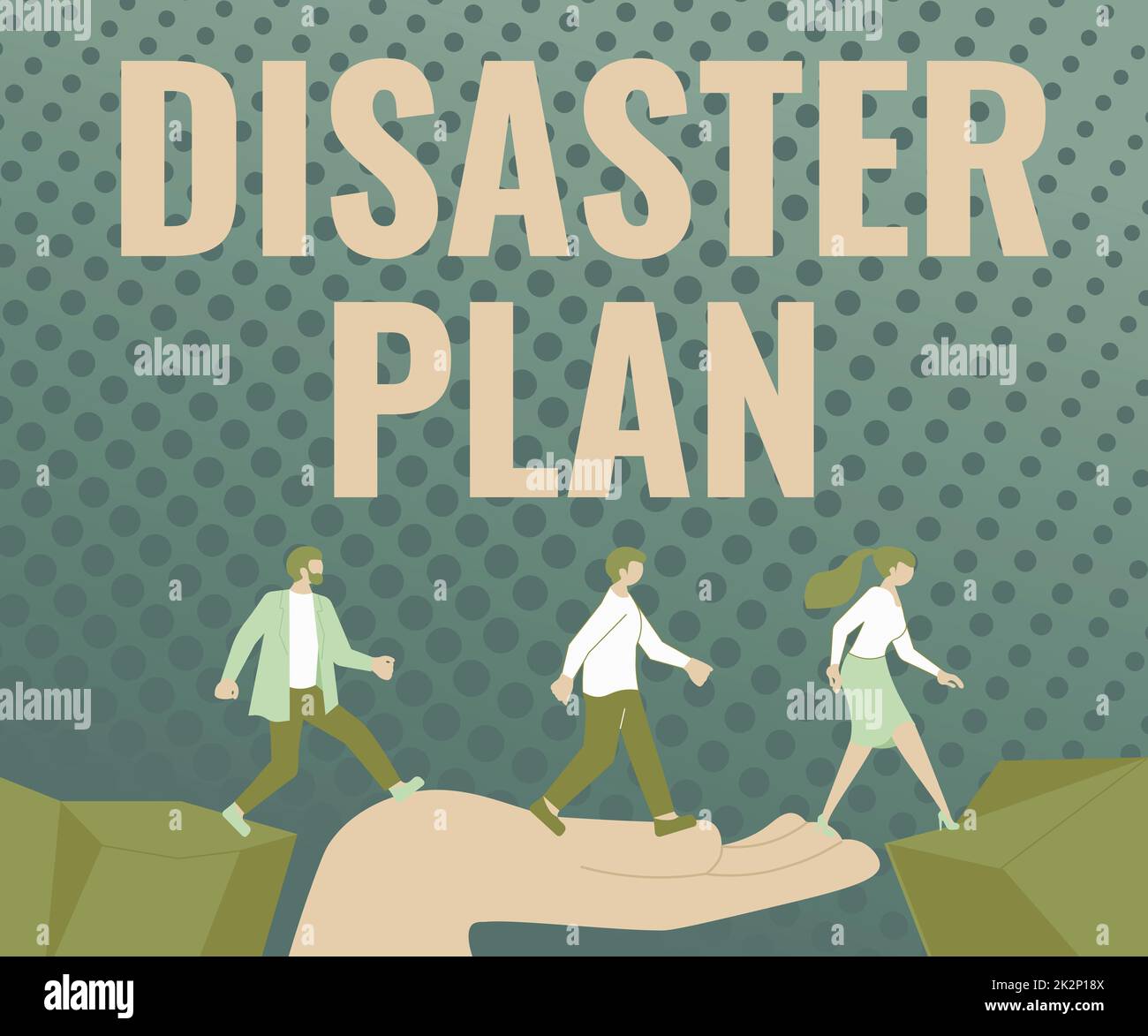 Text showing inspiration Disaster Plan. Business idea Respond to Emergency Preparedness Survival and First Aid Kit Colleagues Crossing Obstacles Hand Bridge Presenting Teamwork Collaboration. Stock Photo