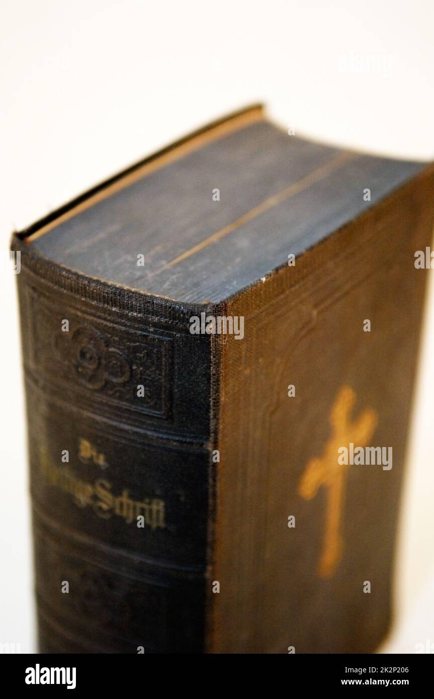 Still life and close-ups of old books, holy bible and hymn books Stock Photo