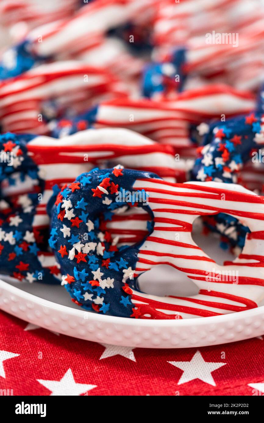 Red White and Blue Chocolate Covered Pretzel Twists Stock Photo