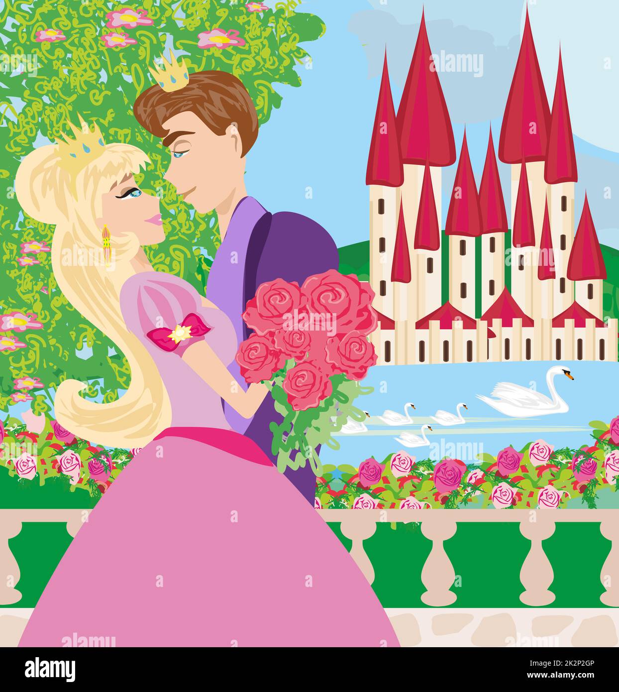 princess with prince kissing in the garden Stock Photo