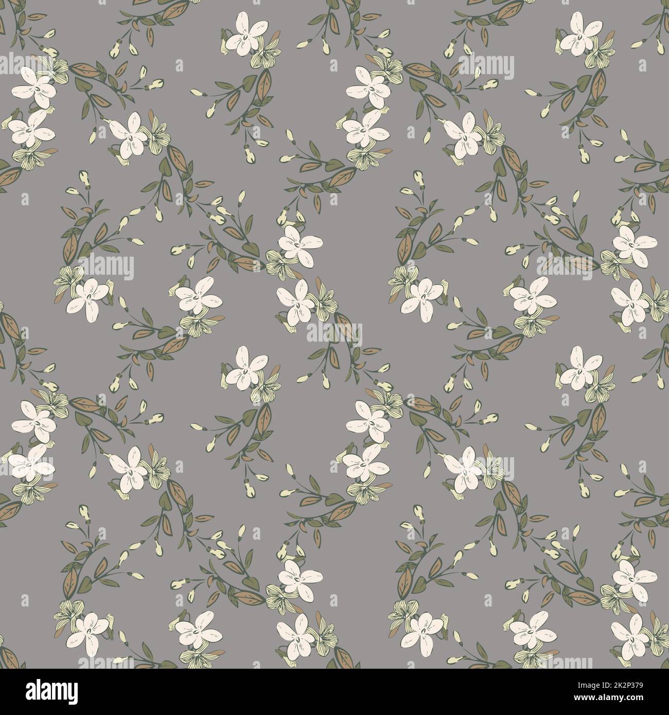 Hand draw bloom wildflowers. Cute floral abstract background seamless pattern.Botanical flowers wallpaper. Vector illustration graphic design fashion,textile, wrapping,print. Trendy grey pastel colors Stock Photo
