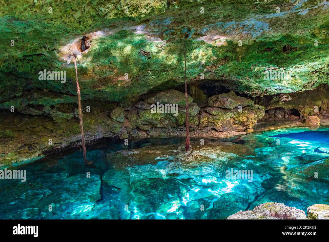Blue turquoise water limestone cave sinkhole cenote Tajma ha Mexico