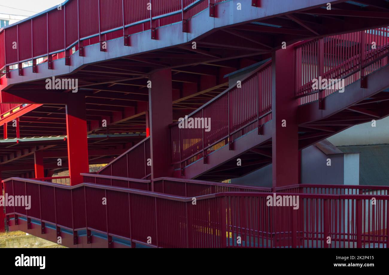 Side view of the metallic red bridge Stock Photo