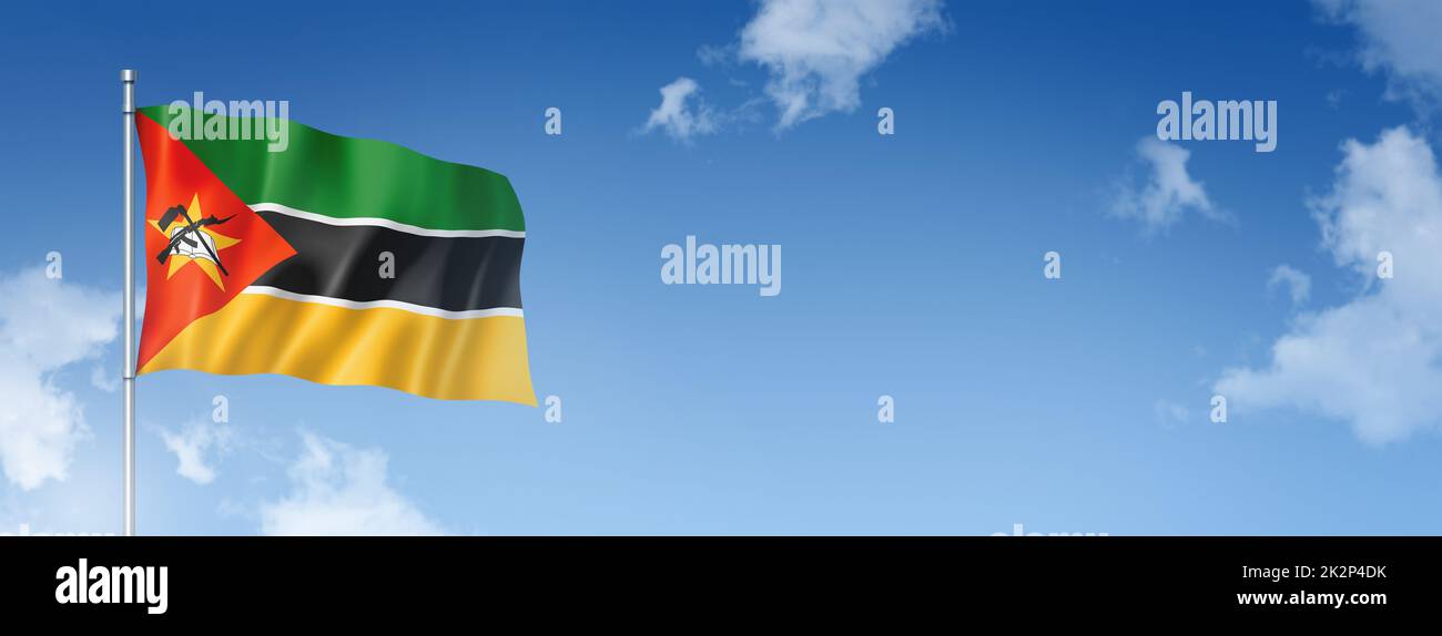 Mozambique flag isolated on a blue sky. Horizontal banner Stock Photo