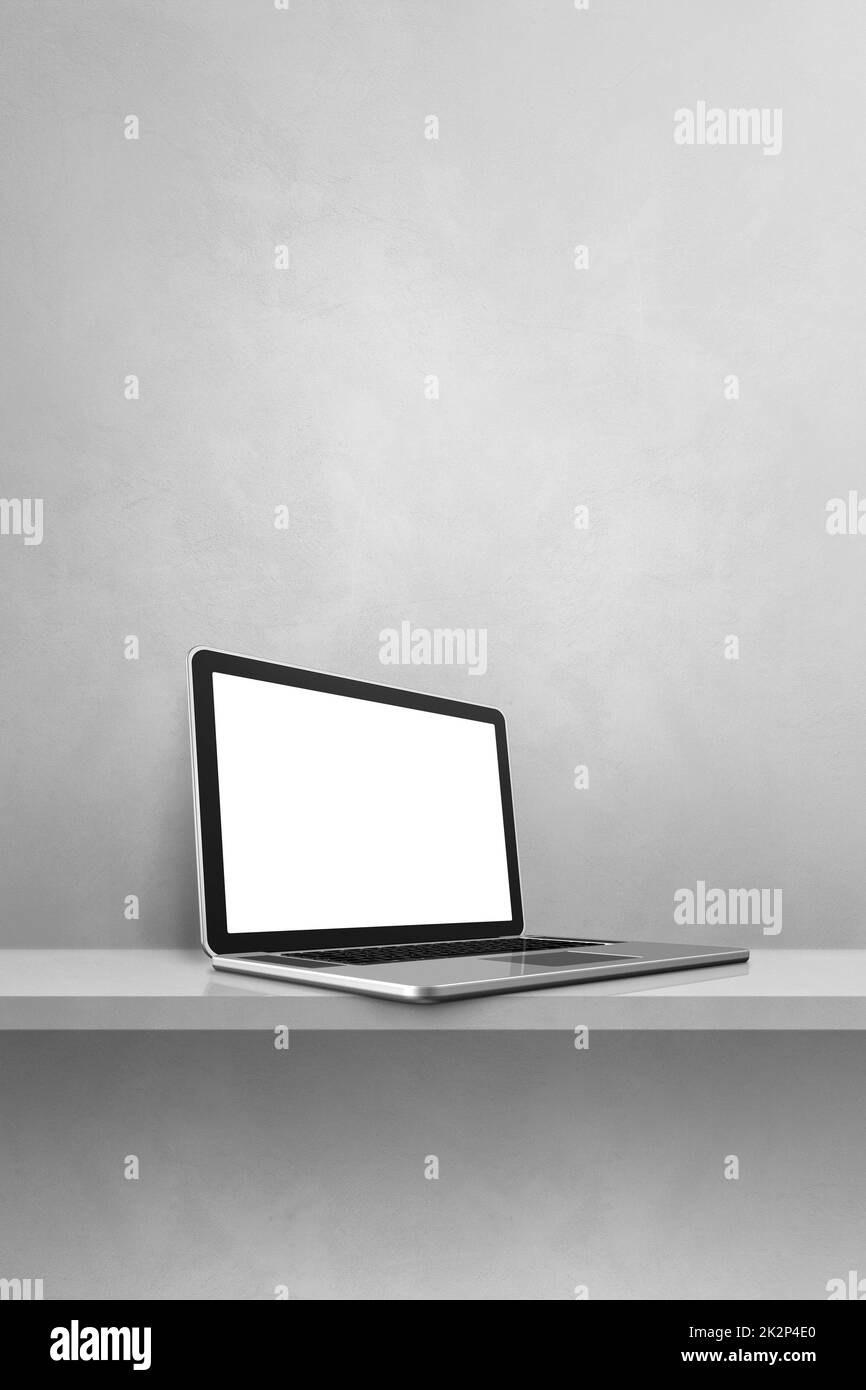 Laptop computer on grey shelf. Vertical background Stock Photo - Alamy