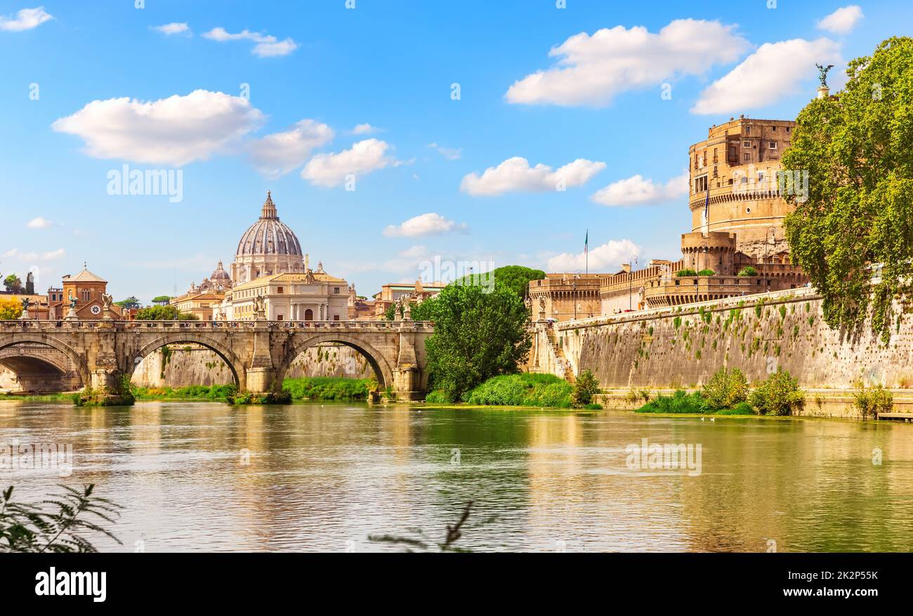 Castle Sant'Angelo and Bridge Vittorio Emanuele II over the Tiber, Rome, Italy Stock Photo