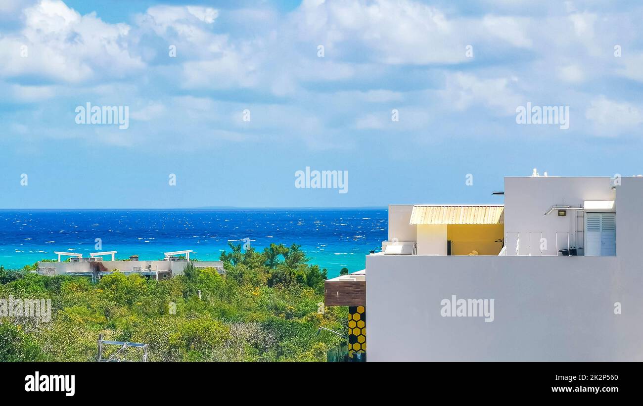 Cityscape caribbean ocean and beach panorama view Playa del Carmen. Stock Photo