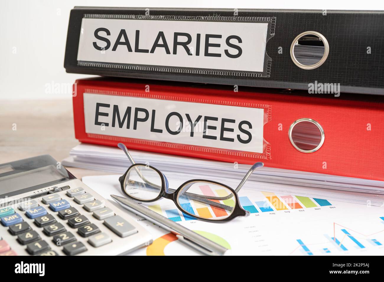 Salaries Employees. Binder data finance report business with graph analysis in office. Stock Photo