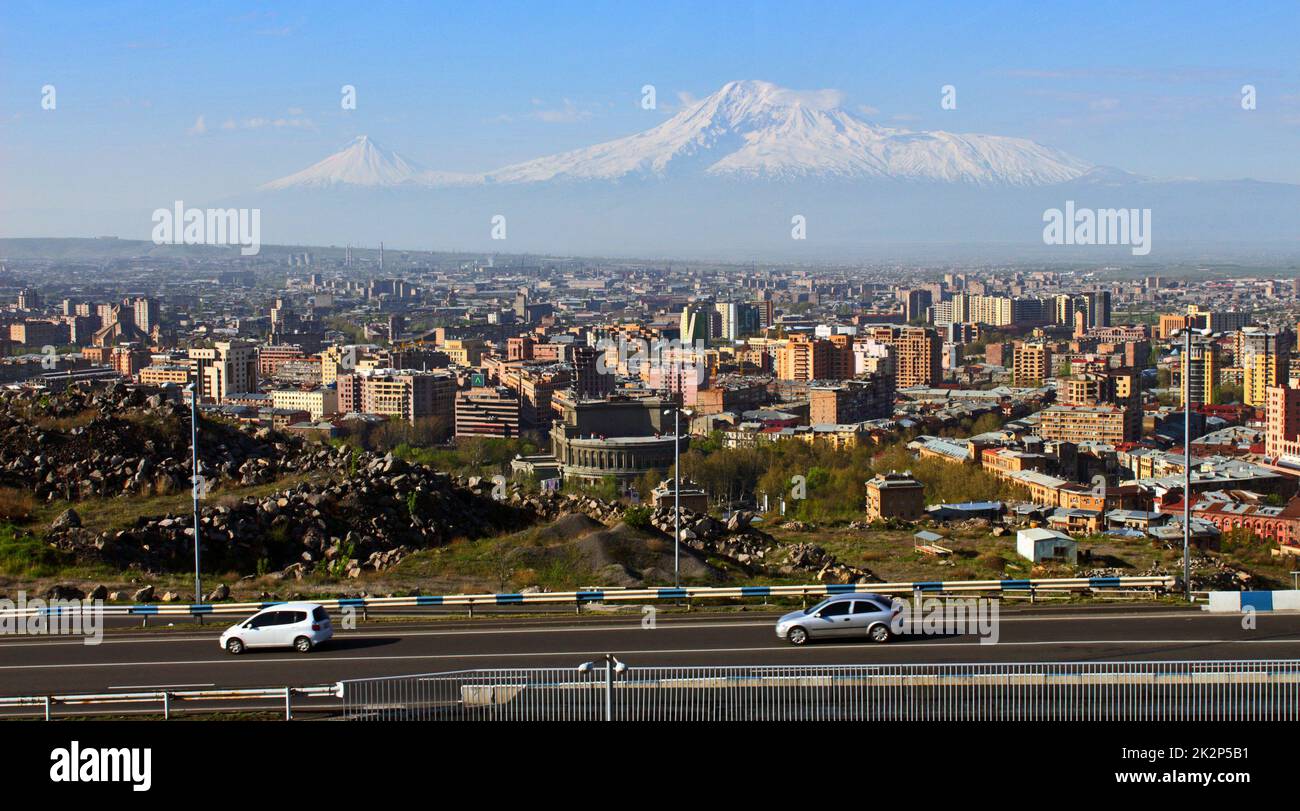 Legendary mount Ararat and Yerevan city. Stock Photo